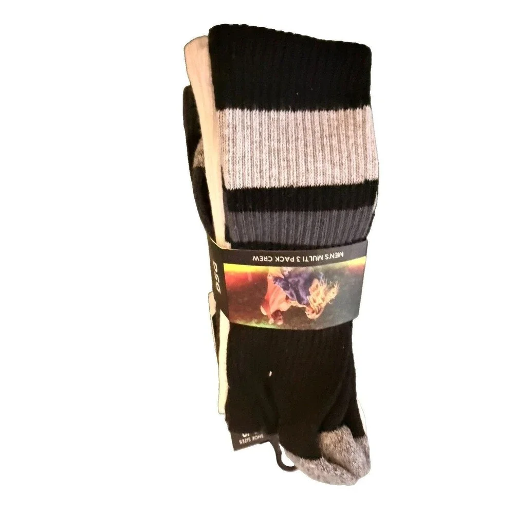 DSG Crew Socks Multi Color Size Large Men’s 8-13 3 Pairs White Black Gray New